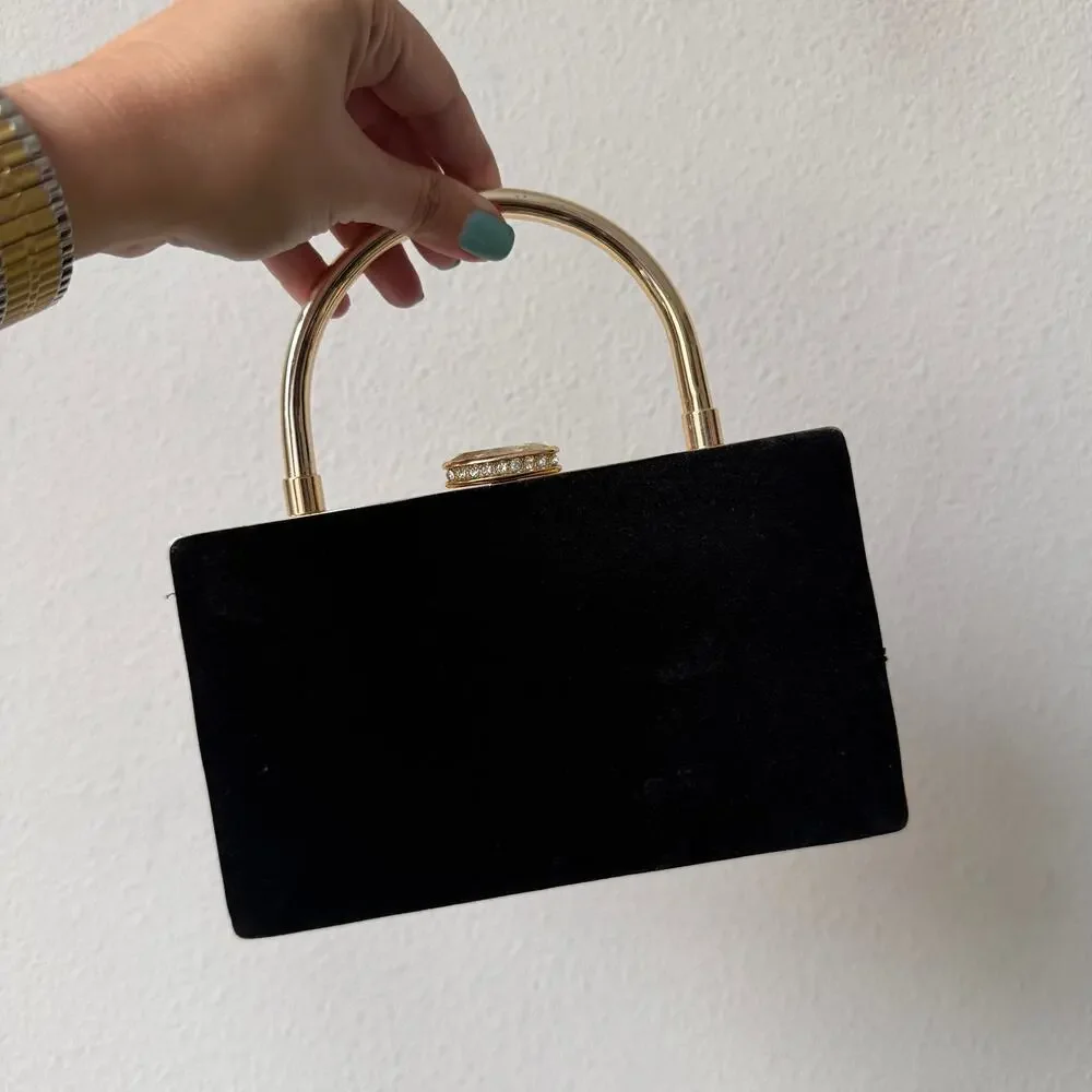 House of Harlow 1960 Black Velvet Gold Chain Box Clutch
